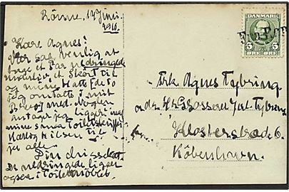 5 øre Fr. VIII på brevkort dateret Rønne d. 17.6.1910 annulleret med skibsstempel Fra Rønne til København.