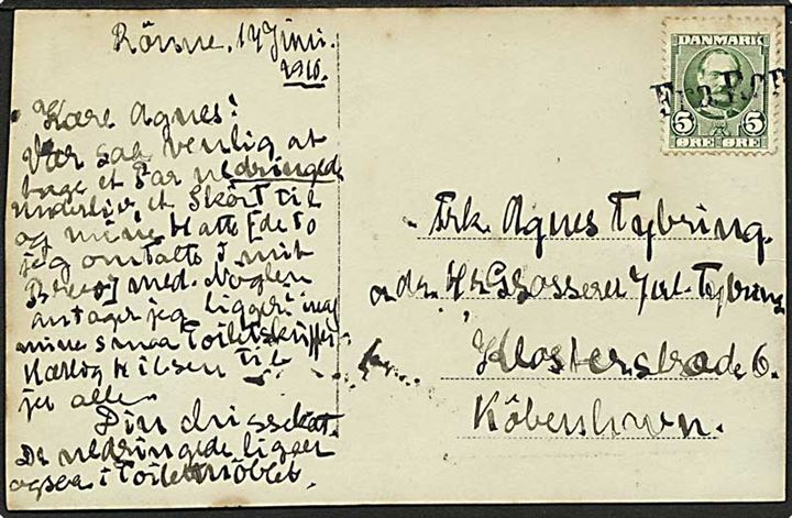 5 øre Fr. VIII på brevkort dateret Rønne d. 17.6.1910 annulleret med skibsstempel Fra Rønne til København.