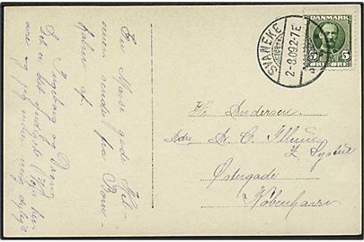 5 øre Fr. VIII på brevkort annulleret med brotype Ia Svaneke d. 2.8.1909 til København.