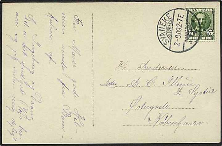 5 øre Fr. VIII på brevkort annulleret med brotype Ia Svaneke d. 2.8.1909 til København.