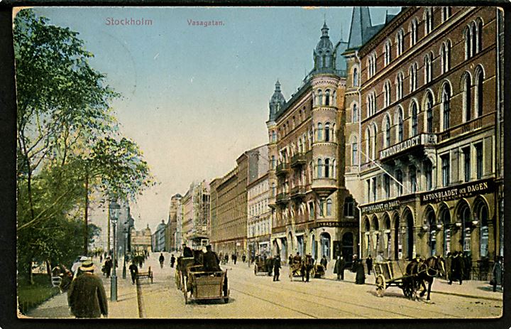 Stockholm, Vasagatan. No. 43. Frankeret 5 öre Gustaf og Stockholm Olympiade 1912 mærkat.