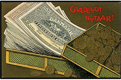 Nytårskort med pengesedler og mønter. A. Vincent serie 305/8.