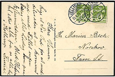 5 øre Bølgelinie i parstykke på brevkort (Nykøbing Brugsforening) annulleret med sjældent brotype Ic Jellinge d. 24.9.1935 til Nørskov pr. Farre St. 