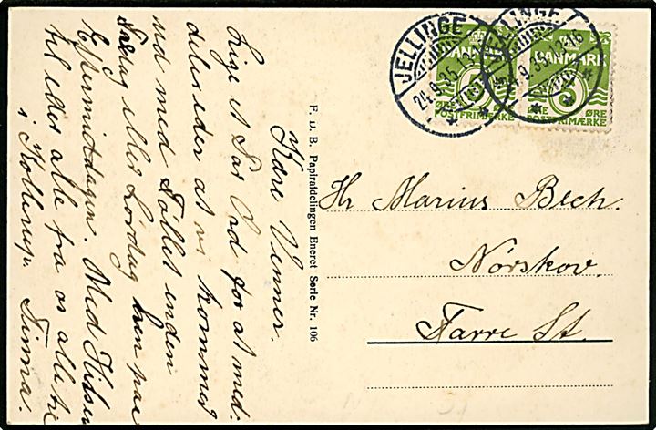 5 øre Bølgelinie i parstykke på brevkort (Nykøbing Brugsforening) annulleret med sjældent brotype Ic Jellinge d. 24.9.1935 til Nørskov pr. Farre St. 
