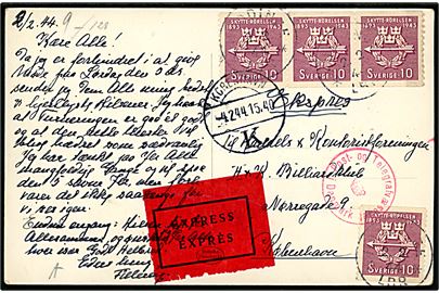 10 öre Skytte-Rörelsen (4) på brevkort (Huddinge jernbanestation) sendt som ekspres fra Huddinge d. 2.2.1944 til København, Danmark. Dansk censur.