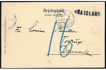 Ufrankeret brevkort (Sulnasker i Vestmannaeyjum) dateret Eskefjord d. 20.7.1906 ank.stemplet Kjøbenhavn d. 13.8.1906 og sidestemplet FRA ISLAND til Tostrup, Danmark. Udtakseret i 16 øre porto = dobbelt manglende porto svarende til 2x 8 øre brevkorttakst til Island. 