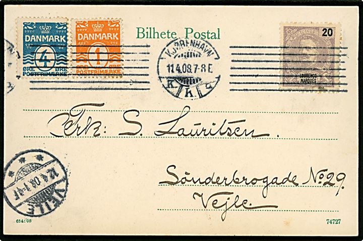 Lourenco Marques 20 Reis og dansk 1 øre og 4 øre Bølgelinie på brevkort (Parti fra Delagoa Bay) annulleret Kjøbenhavn d. 11.4.1908 til Vejle.