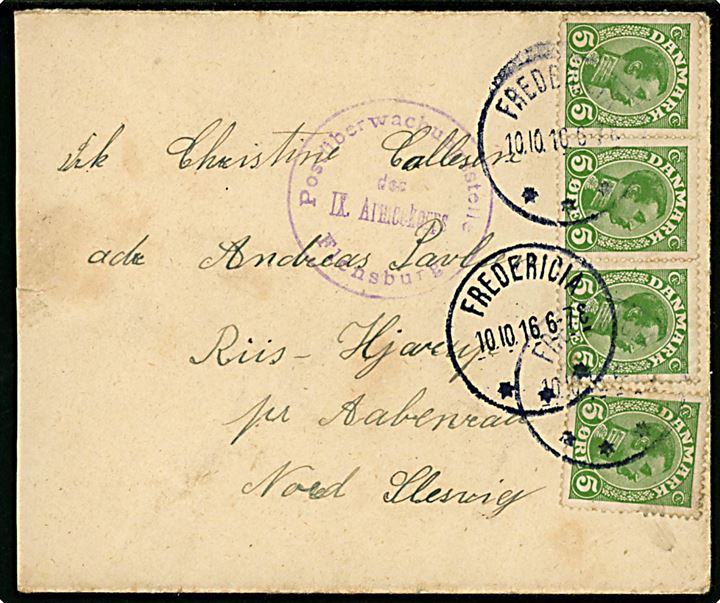 5 øre Chr. X (4) på brev fra Fredericia d. 10.10.1916 til Riis pr. Aabenraa i Nordslesvig. Tysk censur fra Flensburg.