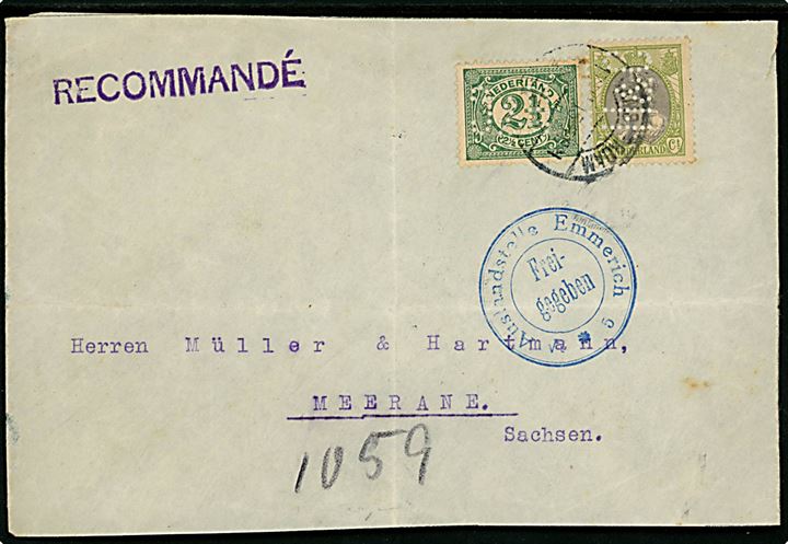 2½ c. og 20 c. med perfin H&C på anbefalet brev fra firma Hirsch & Cie i Amsterdam 1915 til Meerane, Tyskland. Passér stemplet ved den tyske censur i Emmerich. Folder.