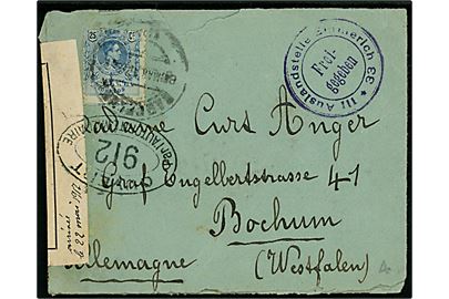25 cts. Alfonso XIII på brev fra Barcelona d. 8.3.1917 til Bochum, Tyskland. Åbnet af fransk censur i London med censorstempel 912 og passér stemplet ved den tyske censur i Emmerich. Noteret modtaget d.- 22.3.1917.