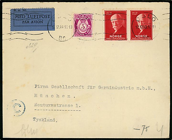 5 øre Posthorn og 20+10 øre Nansenhjelpen i parstykke på luftpostbrev fra Oslo d. 12.12.1940 til München, Tyskland. Åbnet af tysk censur i Berlin.