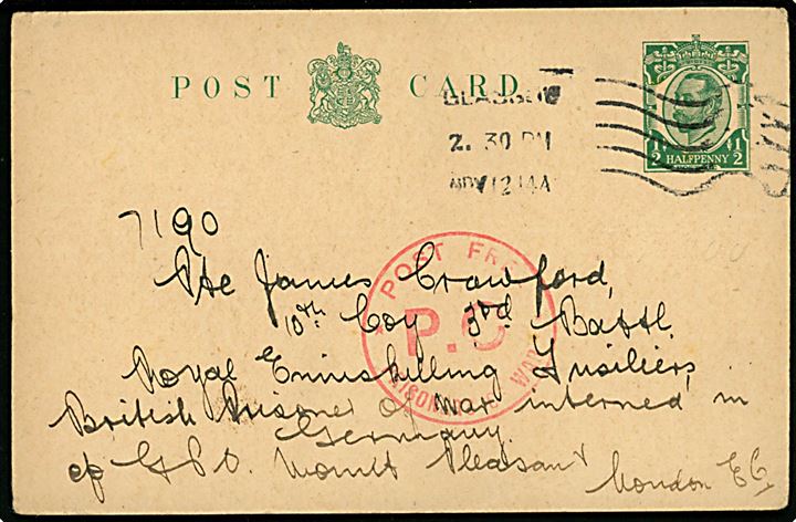 ½d George V helsagsbrevkort fra Glasgow d. 12.11.1914 til menig fra Royal Inniskilling Fusiliers i tysk fangenskab via GPO i London. Rødt censurstempel POST FREE P.C. PRISONERS OF WAR.