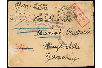 Krigsfangebrev med affaldet frimærke fra Walsall d. 6.2.1915 til München, Tyskland. Forsøgt i lejr Lechfeld med rødt rammestempel Nicht im Lager Lechfeld.