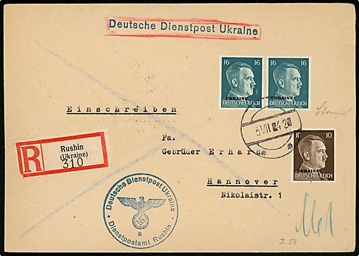Ukraine. 10 pfg. og 16 pfg. (par) Hitler UKRAINE Provisorium på anbefalet brev fra Rushin (Ukraine) annulleret med stumt stempel d. 3.7.1942 til Hannover, Tyskland.