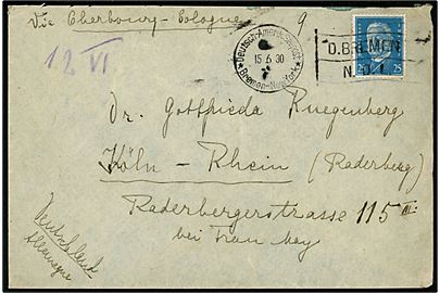 25 pfg. Hindenburg (kort hj.tak) på skibsbrev annulleret Deutsch-Amerik. Seepost * Bremen - New York * /D.BREMEN N.D.L. d. 15.6.1930 til Köln, Tyskland. 