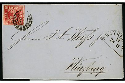 3 kreuz. utakket på brev annulleret med nr.stempel 37 og sidestemplet Bayreuth d. 28.11.1866 til Würzburg.