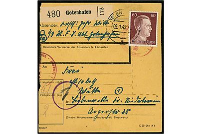 60 pfg. Hitler på del af adressekort for pakke fra marinesoldat i Gotenhafen d. 2.1.1945. Briefstempel under frankatur. 