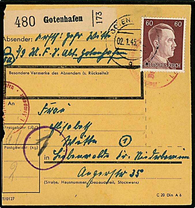 60 pfg. Hitler på del af adressekort for pakke fra marinesoldat i Gotenhafen d. 2.1.1945. Briefstempel under frankatur. 