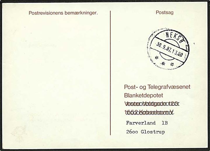 Postsag vedr. rekvisition B62 (5-84) A4 stemplet Neksø d. 30.9.1987 til Blanketdepotet.
