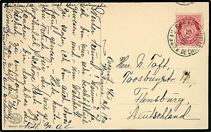 10 øre Posthorn på brevkort (Makrelbaade søger havn) fra Christiania annulleret Bureau Reexp. de Christiania d. 17.11.1910 til Flensburg, Tyskland.