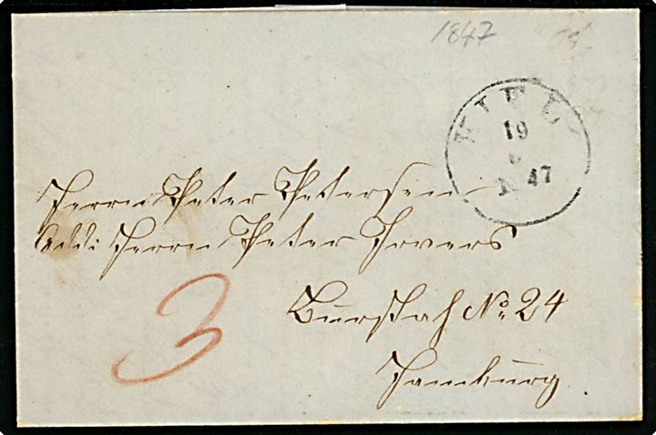 1847. Portobrev med fuldt indhold og antiqua Kiel d. 19.6.1847 til Hamburg. Påskrevet 3 med rødkridt.
