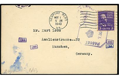 3 cents Washington på QSL-kort fra Newport News d. 1.5.1940 til München, Tyskland. Både tysk og britisk censur.