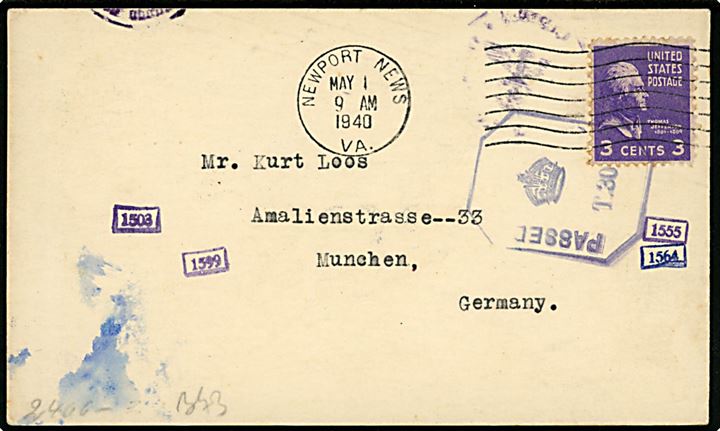 3 cents Washington på QSL-kort fra Newport News d. 1.5.1940 til München, Tyskland. Både tysk og britisk censur.