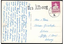 35 øre Balletfestival på brevkort (Aarhus set fra Luften) annulleret København d. 29.6.1960 og fejlagtigt sidestemplet Fra Ålborg til Bern, Schweiz.