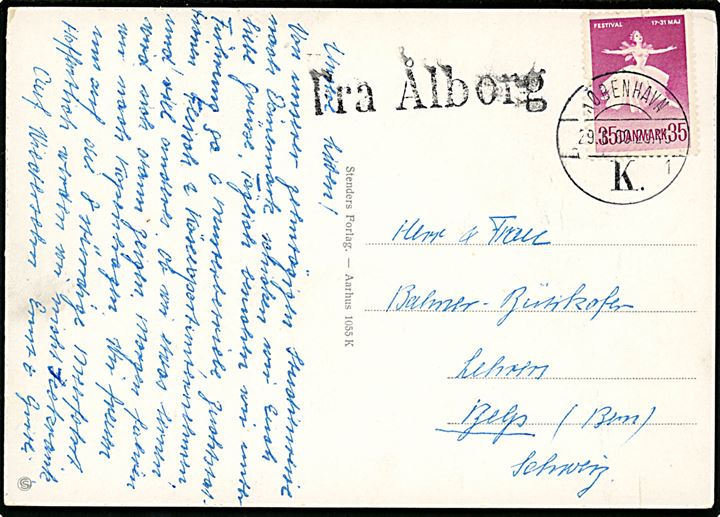 35 øre Balletfestival på brevkort (Aarhus set fra Luften) annulleret København d. 29.6.1960 og fejlagtigt sidestemplet Fra Ålborg til Bern, Schweiz.