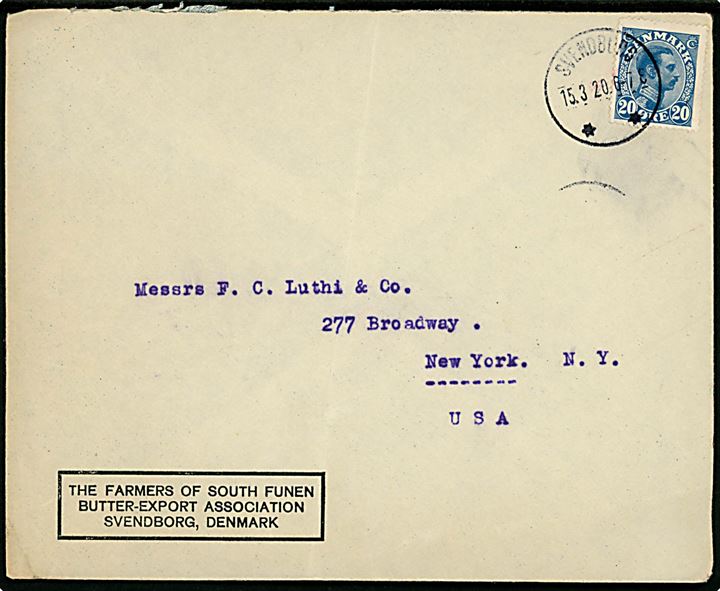 20 øre Chr. X på fortrykt kuvert fra The Farmers of South Funen Butter-Export Association i Svendborg d. 15.3.1920 til New York, USA.