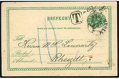 5 öre Tre Kroner helsagsbrevkort sendt underfrankeret fra Stockholm d. 17.10.1893 til Rheydt, Tyskland. Sort T-stempel og påskrevet 6 1/4. Udtakseret i 10 pfg. tysk porto.