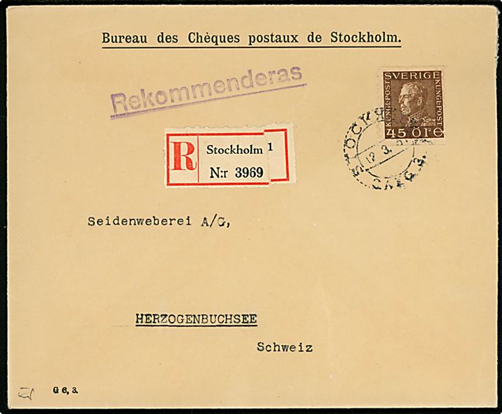 45 öre Gustaf single på anbefalet brev fra den svenske postbank i Stockholm d. 12.3.1931 til Herzogenbuchsee, Schweiz.