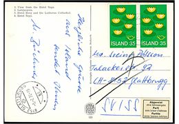 35 kr. Nordisk Råd i parstykke på brevkort fra Reykjavik d. 9.1.1978 til Glattbrugg, Schweiz. Retur med 3-sproget etiket, da modtager er afrejst.