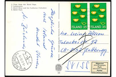 35 kr. Nordisk Råd i parstykke på brevkort fra Reykjavik d. 9.1.1978 til Glattbrugg, Schweiz. Retur med 3-sproget etiket, da modtager er afrejst.