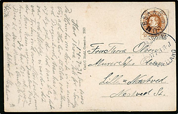 10 øre Chr. X 60 år på brevkort annulleret med udslebet stjernestempel LUMBSAAS og sidestemplet Nykjøbing Sjælland d. 17.7.1931 til Lille Næstved.