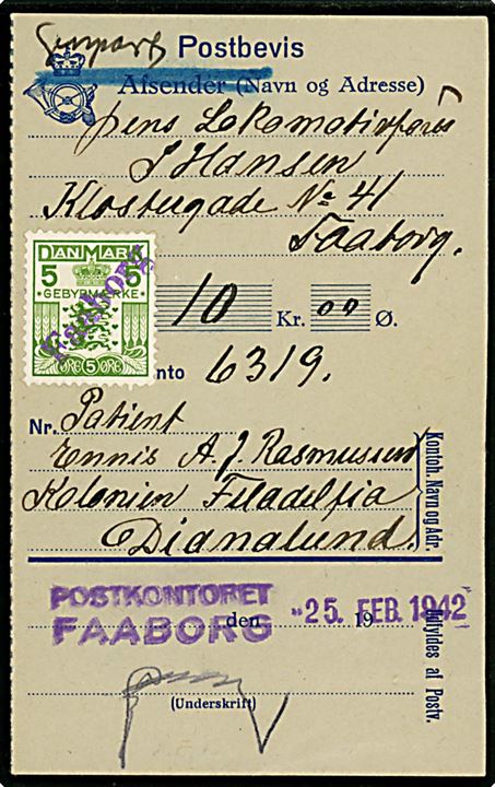 5 øre Gebyrmærke på Genpart af Postbevis for indbetaling annulleret med kontorstempel Faaborg d. 25.2.1942