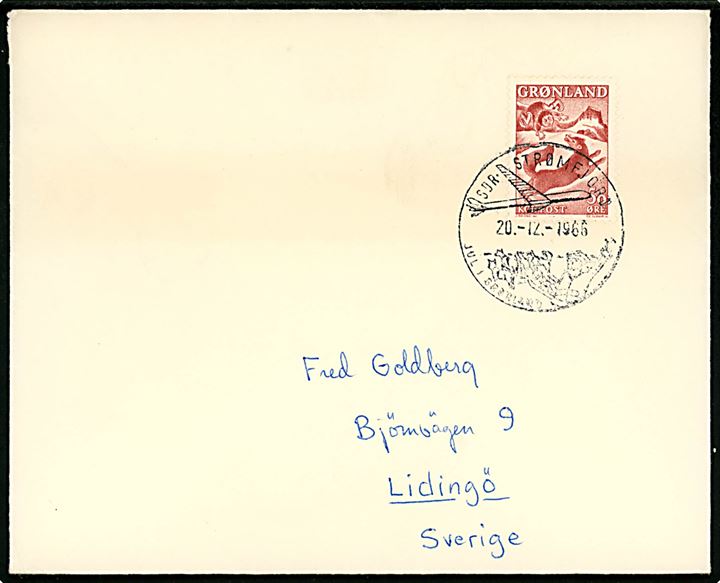 50 øre Drengen og Ræven single på brev annulleret med julestempel i Sdr. Strømfjord d. 20.12.1966 til Lidingö, Sverige.
