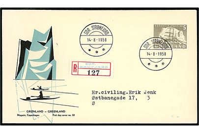 5 kr. Ishavsskib single på illustreret anbefalet FDC fra Sdr. Strømfjord d. 14.8.1958 til København.