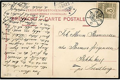 3 øre Bølgelinie på brevkort (Svendborg Banegaard) annulleret med stjernestempel LANDET og sidestemplet Svendborg d. 9.8.1907 til Bekkehave pr. Svendborg.