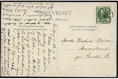 5 øre Fr. VIII på brevkort dateret d. 22.1.1912 og annulleret med stjernestempel UHE til Ammelund pr. Vandel St.