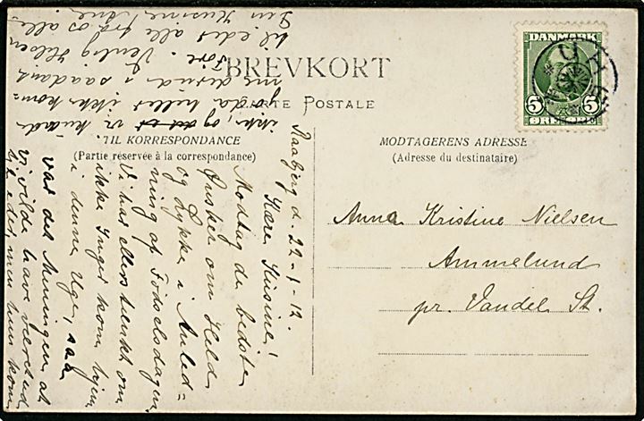 5 øre Fr. VIII på brevkort dateret d. 22.1.1912 og annulleret med stjernestempel UHE til Ammelund pr. Vandel St.