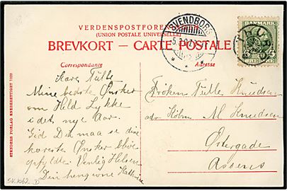 5 øre Chr. IX på brevkort (Thurø. Ved Røgeriet) annulleret med stjernestempel THURØ og sidestemplet Svendborg d. 5.3.1907 til Assens.