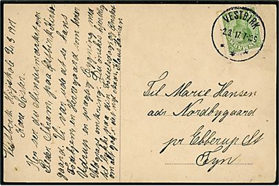 5 øre Chr. X på brevkort (Peder Skrams Mindesmærke) annulleret med brotype IIIb Vestbirk d. 2.3.1917 til Ebberup.