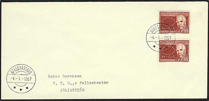 35 øre Niels Bohr på brev fra Narssarssauq d. 4.1.1967 til Julianehåb.