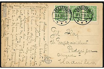 5 øre Chr. X i 3-stribe på brevkort annulleret med brotype IIa Brædstrup d. 25.6.1921 til Haderslev.