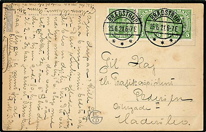 5 øre Chr. X i 3-stribe på brevkort annulleret med brotype IIa Brædstrup d. 25.6.1921 til Haderslev.