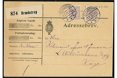 15 øre Chr. X matlilla (2) på adressebrev for pakke fra Brædstrup d. 1.2.1919 til Køge.