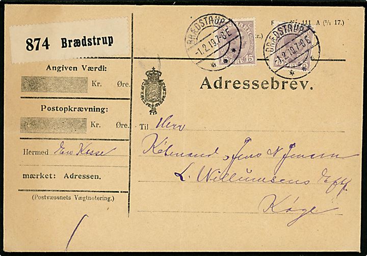 15 øre Chr. X matlilla (2) på adressebrev for pakke fra Brædstrup d. 1.2.1919 til Køge.
