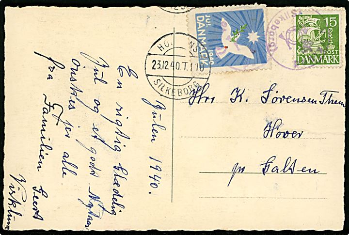15 øre Karavel og Julemærke 1940 på julekort annulleret med posthornstempel Virklund (Silkeborg) og sidestemplet bureau Horsens - Silkeborg T.110 d. 23.12.1940 til Galten. Rift i højre side.