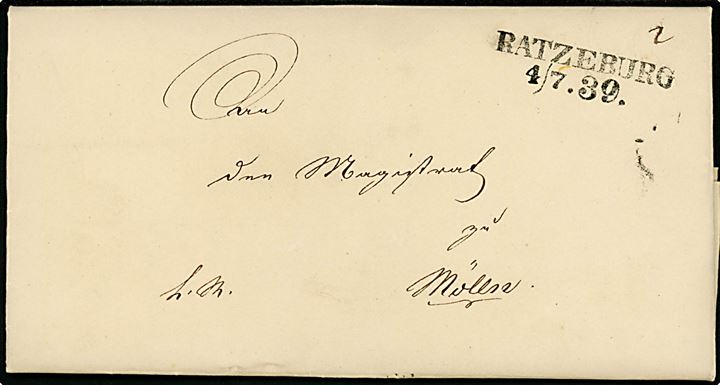 1839. Tjenestebrev med fuldt indhold og stempel RATZEBURG d. 4-7-1839 til Mölln. På bagsiden laksegl fra Königl. Lauenburgische Regierung. 